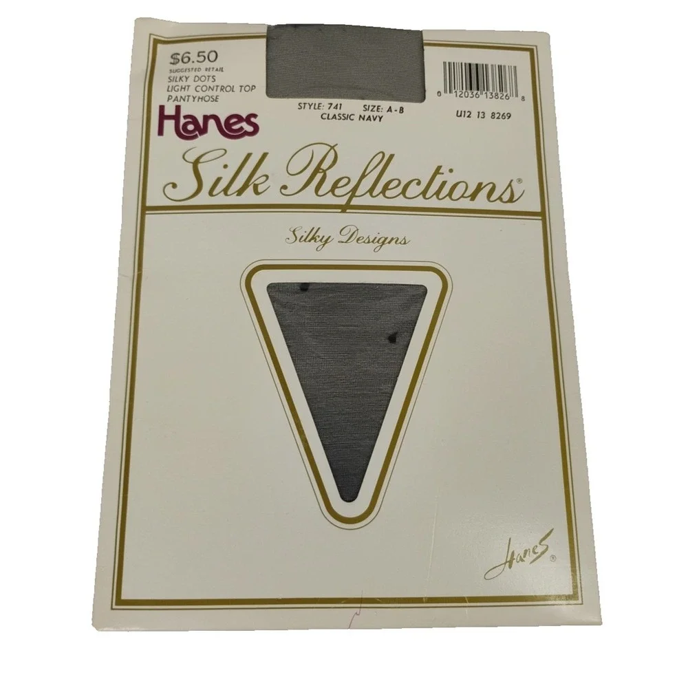 Hanes 1990 Silk Reflections Silky Dots Control Top 741 AB Classic Navy Pantyhose